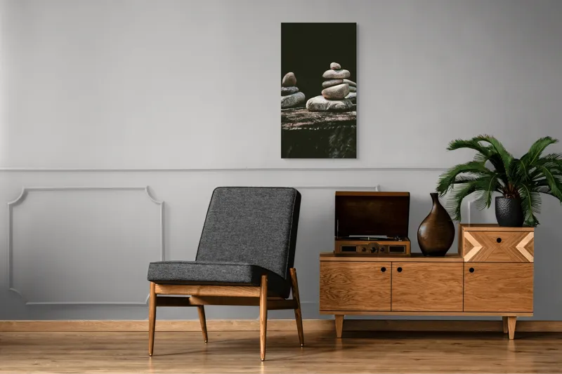 Tablou Canvas, "Turn echilibrat de pietre liniștite", Pietre, Echilibru, Natură, Calm, Simetrie, Tranquilitate, Armonie, Meditativ, Compoziție, 50 x 90 cm – poza 8