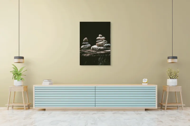 Tablou Canvas, "Turn echilibrat de pietre liniștite", Pietre, Echilibru, Natură, Calm, Simetrie, Tranquilitate, Armonie, Meditativ, Compoziție, 70 x 100 cm – poza 5