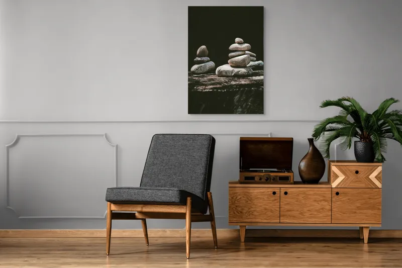 Tablou Canvas, "Turn echilibrat de pietre liniștite", Pietre, Echilibru, Natură, Calm, Simetrie, Tranquilitate, Armonie, Meditativ, Compoziție, 70 x 100 cm – poza 6