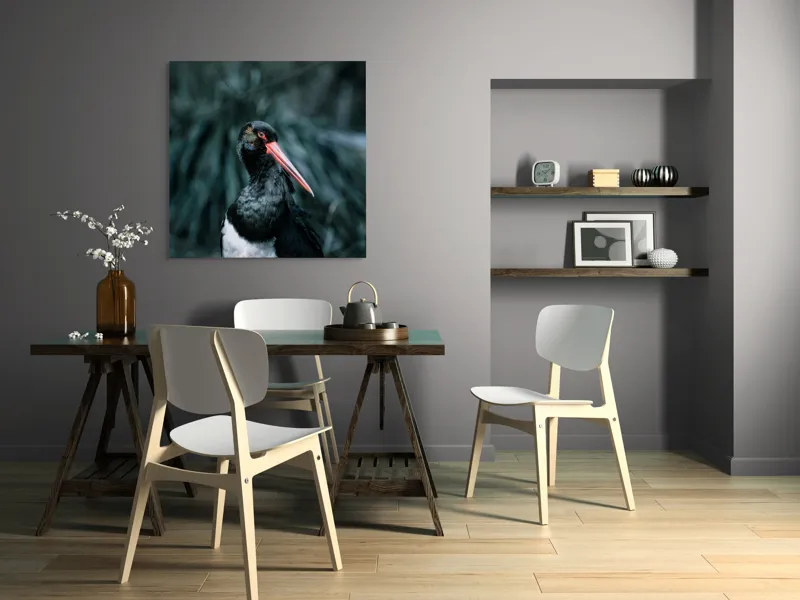 Tablou Canvas, "Barza neagră în pădure sumbră", Pasăre, Picioroange, Roșu, Negru, Peisaj, Pene, Ochi, Gât, Natură, Fundal, Contrast, Eleganță, Detaliu, Privire, Sălbăticie, 100 x 100 cm – poza 6