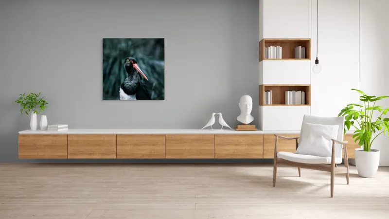 Tablou Canvas, "Barza neagră în pădure sumbră", Pasăre, Picioroange, Roșu, Negru, Peisaj, Pene, Ochi, Gât, Natură, Fundal, Contrast, Eleganță, Detaliu, Privire, Sălbăticie, 100 x 100 cm – poza 8