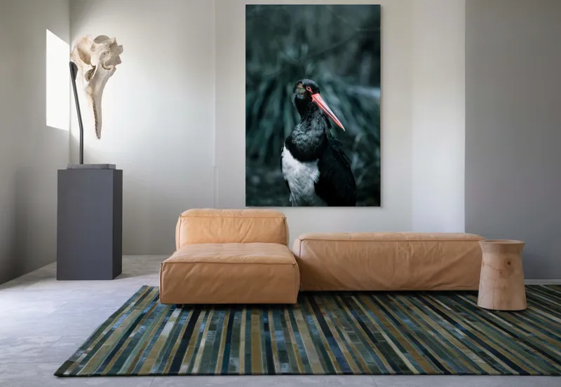 Tablou Canvas, "Barza neagră în pădure sumbră", Pasăre, Picioroange, Roșu, Negru, Peisaj, Pene, Ochi, Gât, Natură, Fundal, Contrast, Eleganță, Detaliu, Privire, Sălbăticie, 100 x 150 cm – poza 7