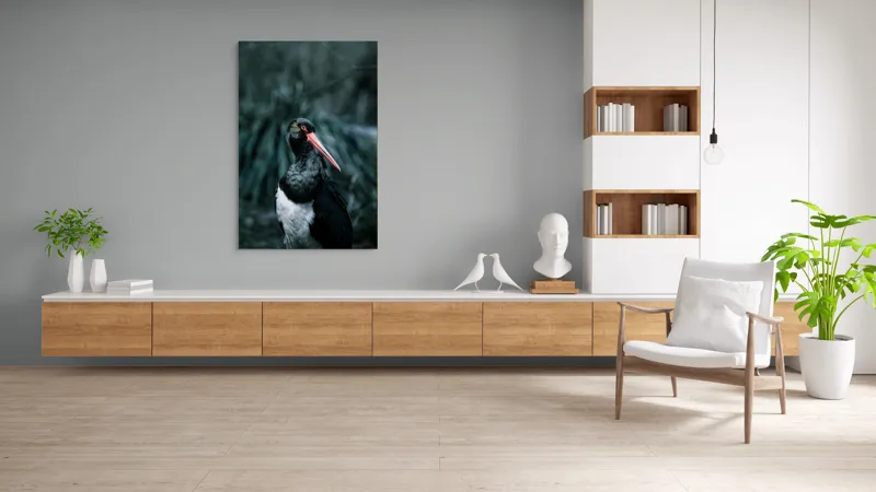 Tablou Canvas, "Barza neagră în pădure sumbră", Pasăre, Picioroange, Roșu, Negru, Peisaj, Pene, Ochi, Gât, Natură, Fundal, Contrast, Eleganță, Detaliu, Privire, Sălbăticie, 100 x 150 cm – poza 8