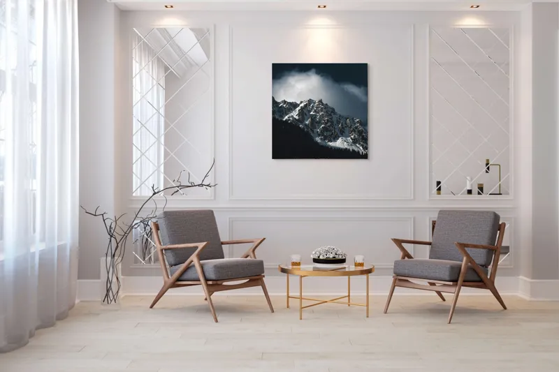Tablou Canvas, "Frumusețea tăcută a munților înzăpeziți", Munți, Zăpadă, Stânci, Cer, Nor, Umbre, Natură, Imagine, Lumină, Peisaj, 100 x 100 cm – poza 7