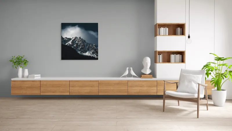 Tablou Canvas, "Frumusețea tăcută a munților înzăpeziți", Munți, Zăpadă, Stânci, Cer, Nor, Umbre, Natură, Imagine, Lumină, Peisaj, 100 x 100 cm – poza 8