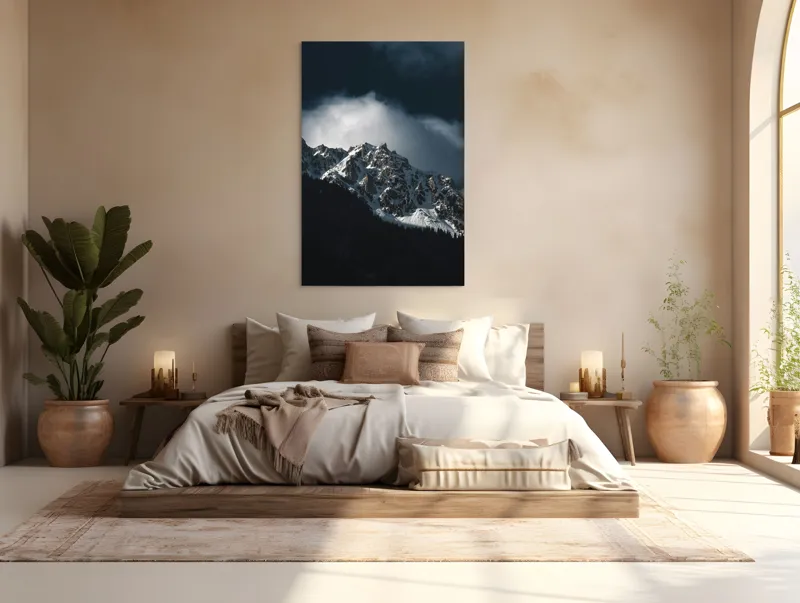 Tablou Canvas, "Frumusețea tăcută a munților înzăpeziți", Munți, Zăpadă, Stânci, Cer, Nor, Umbre, Natură, Imagine, Lumină, Peisaj, 100 x 150 cm – poza 3