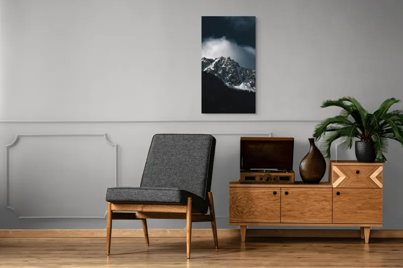 Tablou Canvas, "Frumusețea tăcută a munților înzăpeziți", Munți, Zăpadă, Stânci, Cer, Nor, Umbre, Natură, Imagine, Lumină, Peisaj, 50 x 90 cm – poza 8