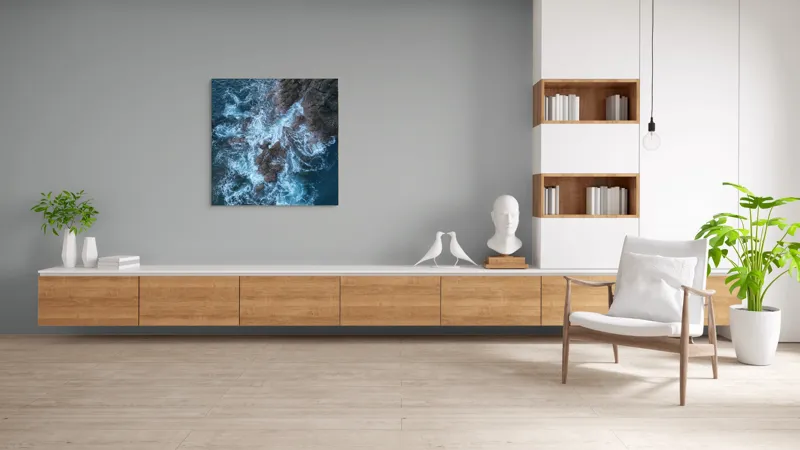 Tablou Canvas, "Valurile albastre lovind stâncile aspre", Ocean, Stâncă, Valuri, Spumă, Albastru, Natură, Pitoresc, Dramatic, Textură, Energie, 100 x 100 cm – poza 8