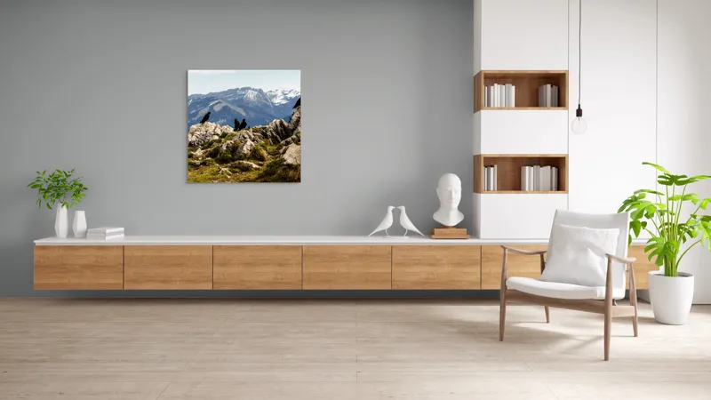 Tablou Canvas, "Ciori pe culme de munte înzăpezită", Pietre, Corbi, Munți, Zăpadă, Cer, Peisaj, Natură, Vârfuri, Vegetație, Rocă, 100 x 100 cm – poza 8