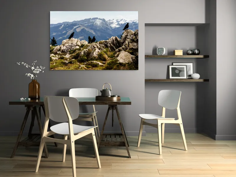Tablou Canvas, "Ciori pe culme de munte înzăpezită", Pietre, Corbi, Munți, Zăpadă, Cer, Peisaj, Natură, Vârfuri, Vegetație, Rocă, 150 x 100 cm – poza 5