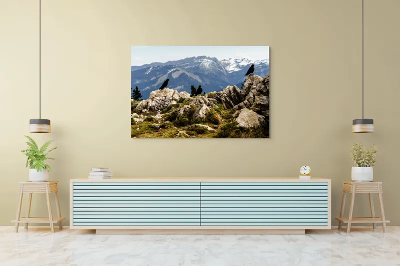 Tablou Canvas, "Ciori pe culme de munte înzăpezită", Pietre, Corbi, Munți, Zăpadă, Cer, Peisaj, Natură, Vârfuri, Vegetație, Rocă, 150 x 100 cm – poza 6