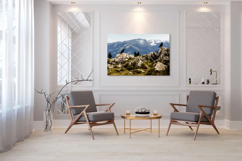 Tablou Canvas, "Ciori pe culme de munte înzăpezită", Pietre, Corbi, Munți, Zăpadă, Cer, Peisaj, Natură, Vârfuri, Vegetație, Rocă, 150 x 100 cm – poza 7