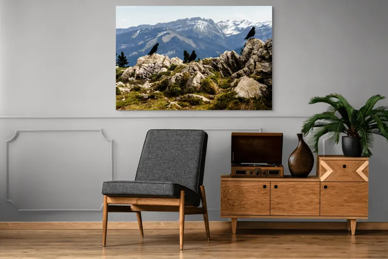 Tablou Canvas, "Ciori pe culme de munte înzăpezită", Pietre, Corbi, Munți, Zăpadă, Cer, Peisaj, Natură, Vârfuri, Vegetație, Rocă, 150 x 100 cm – poza 8