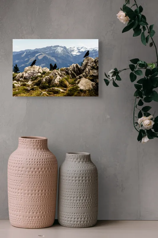Tablou Canvas, "Ciori pe culme de munte înzăpezită", Pietre, Corbi, Munți, Zăpadă, Cer, Peisaj, Natură, Vârfuri, Vegetație, Rocă, 39 x 26 cm – poza 4