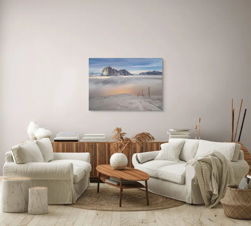 Tablou Canvas, "Lumina aurie peste văile înzăpezite", Munți, Zăpadă, Nor, Cer, Peisaj, Apus, Lumină, Înnorat, Vârfuri, Frig, 100 x 70 cm – poza 3