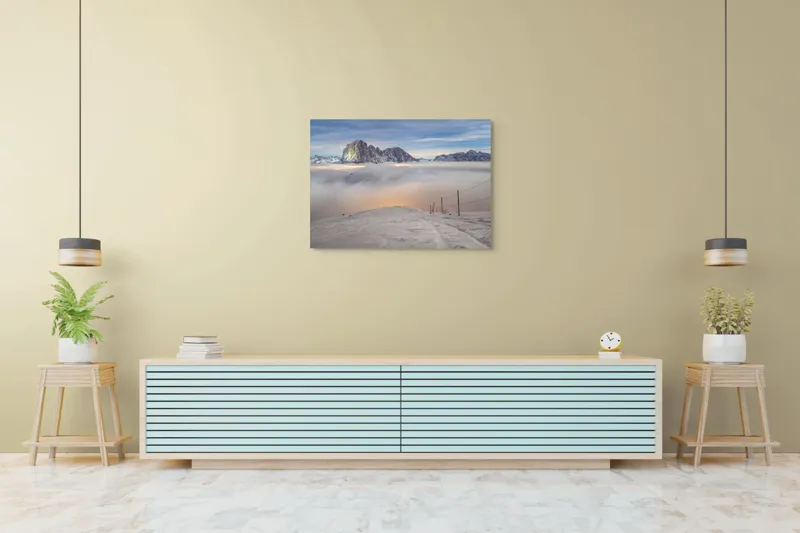 Tablou Canvas, "Lumina aurie peste văile înzăpezite", Munți, Zăpadă, Nor, Cer, Peisaj, Apus, Lumină, Înnorat, Vârfuri, Frig, 100 x 70 cm – poza 4