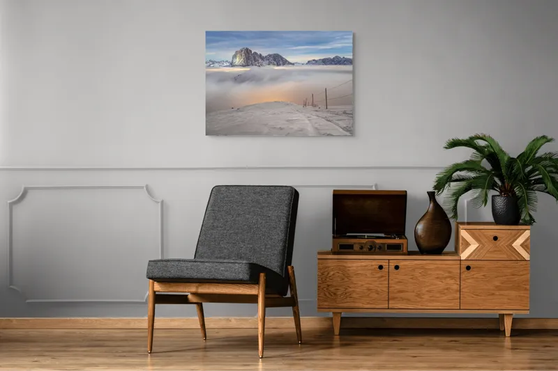 Tablou Canvas, "Lumina aurie peste văile înzăpezite", Munți, Zăpadă, Nor, Cer, Peisaj, Apus, Lumină, Înnorat, Vârfuri, Frig, 100 x 70 cm – poza 8