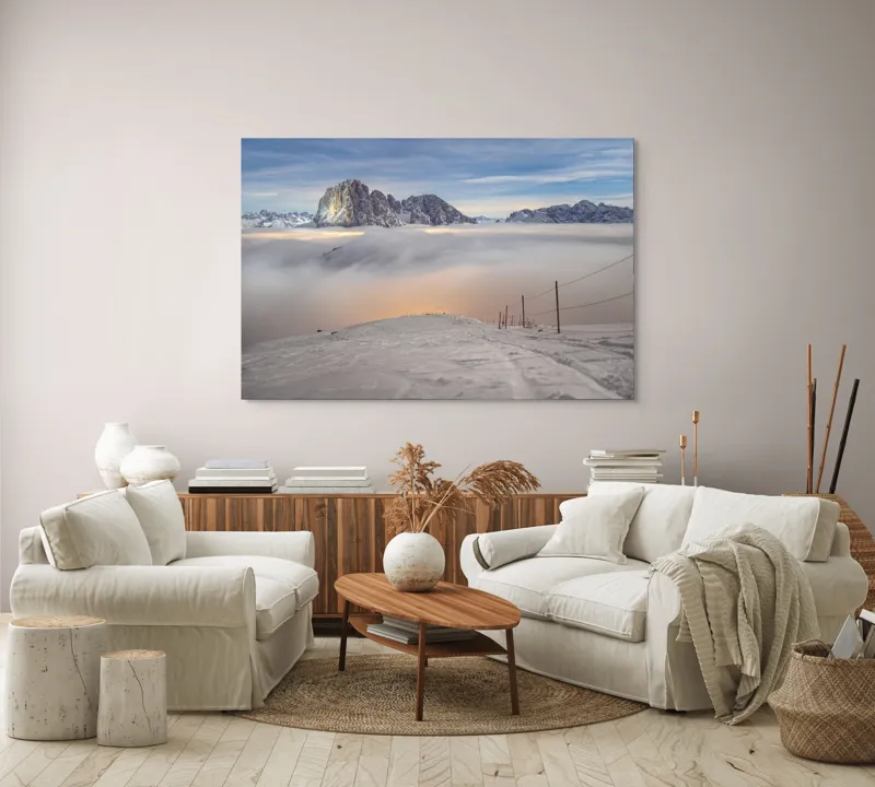 Tablou Canvas, "Lumina aurie peste văile înzăpezite", Munți, Zăpadă, Nor, Cer, Peisaj, Apus, Lumină, Înnorat, Vârfuri, Frig, 150 x 100 cm – poza 3