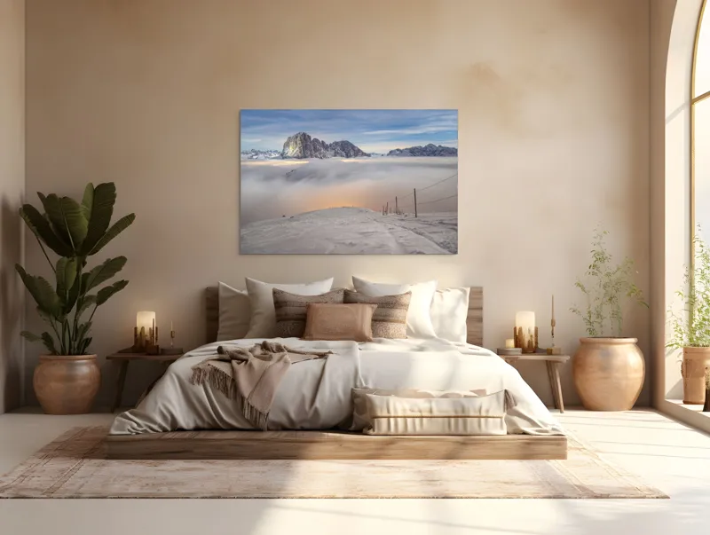 Tablou Canvas, "Lumina aurie peste văile înzăpezite", Munți, Zăpadă, Nor, Cer, Peisaj, Apus, Lumină, Înnorat, Vârfuri, Frig, 150 x 100 cm – poza 4