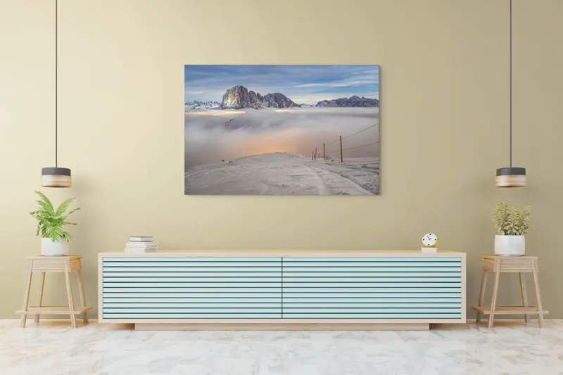 Tablou Canvas, "Lumina aurie peste văile înzăpezite", Munți, Zăpadă, Nor, Cer, Peisaj, Apus, Lumină, Înnorat, Vârfuri, Frig, 150 x 100 cm – poza 6
