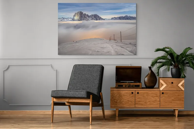 Tablou Canvas, "Lumina aurie peste văile înzăpezite", Munți, Zăpadă, Nor, Cer, Peisaj, Apus, Lumină, Înnorat, Vârfuri, Frig, 150 x 100 cm – poza 8