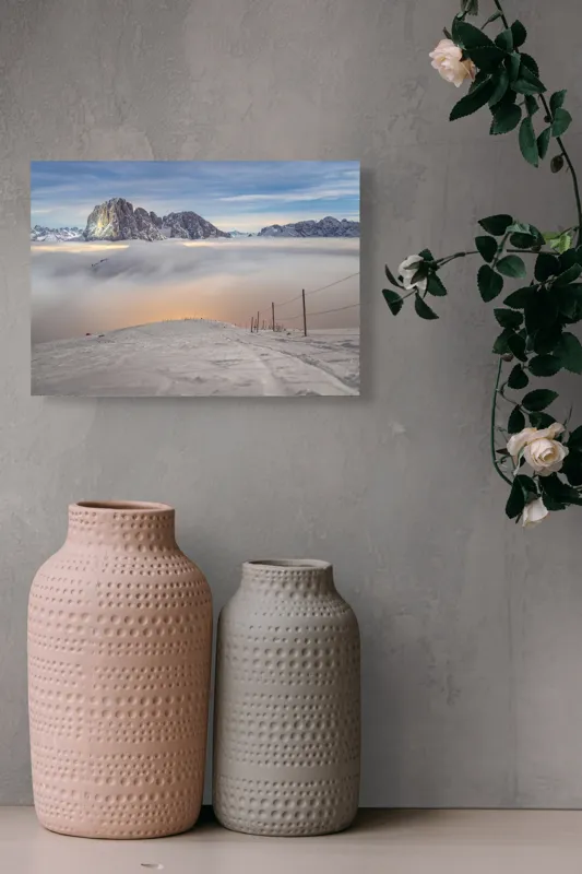 Tablou Canvas, "Lumina aurie peste văile înzăpezite", Munți, Zăpadă, Nor, Cer, Peisaj, Apus, Lumină, Înnorat, Vârfuri, Frig, 54 x 39 cm – poza 8