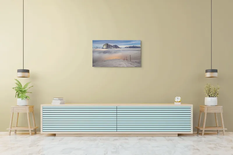 Tablou Canvas, "Lumina aurie peste văile înzăpezite", Munți, Zăpadă, Nor, Cer, Peisaj, Apus, Lumină, Înnorat, Vârfuri, Frig, 90 x 50 cm – poza 5