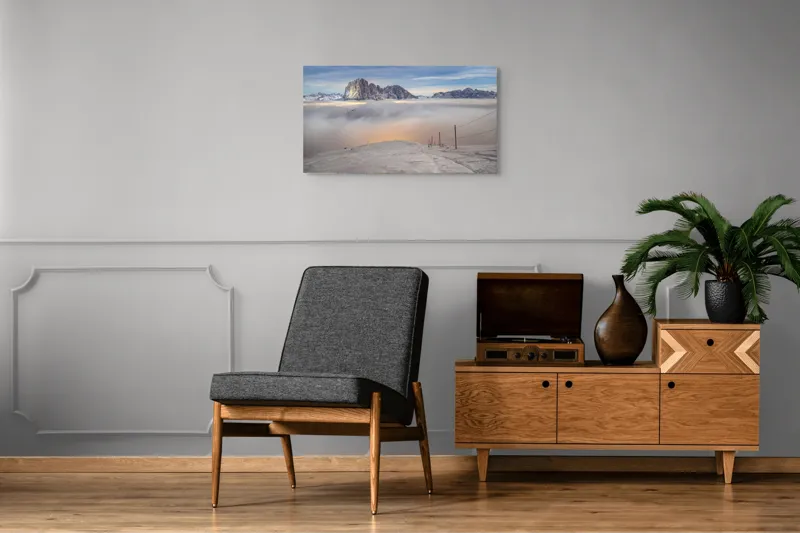 Tablou Canvas, "Lumina aurie peste văile înzăpezite", Munți, Zăpadă, Nor, Cer, Peisaj, Apus, Lumină, Înnorat, Vârfuri, Frig, 90 x 50 cm – poza 6