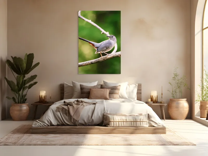 Tablou Canvas, "Păsărea cenușie printre ramuri subțiri", Pasăre, Ramură, Verdeață, Coadă, Penaj, Ochi, Natură, Frumusețe, 100 x 150 cm – poza 3