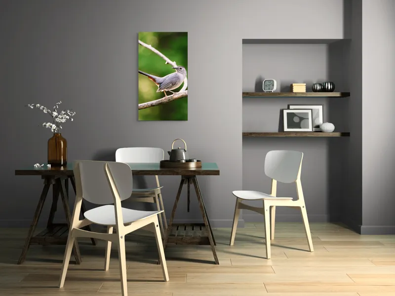 Tablou Canvas, "Păsărea cenușie printre ramuri subțiri", Pasăre, Ramură, Verdeață, Coadă, Penaj, Ochi, Natură, Frumusețe, 50 x 90 cm – poza 4