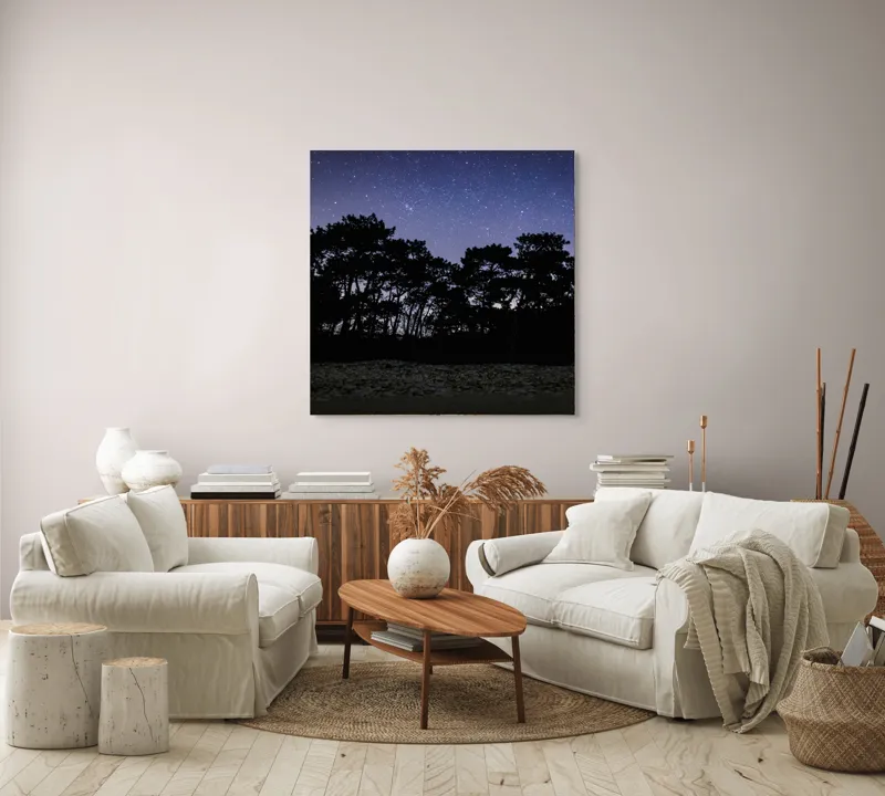 Tablou Canvas, "Cerul înstelat deasupra pădurii întunecate", Stele, Cer, Noapte, Copaci, Siluetă, Natură, Lumină, Cerneală, Mister, Liniște, 100 x 100 cm – poza 3