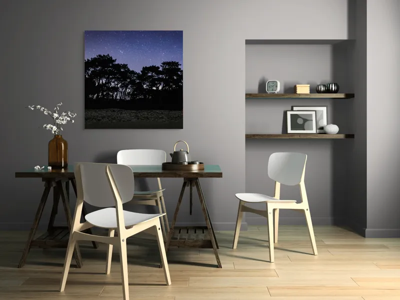 Tablou Canvas, "Cerul înstelat deasupra pădurii întunecate", Stele, Cer, Noapte, Copaci, Siluetă, Natură, Lumină, Cerneală, Mister, Liniște, 100 x 100 cm – poza 6