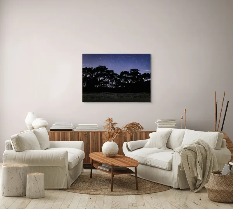 Tablou Canvas, "Cerul înstelat deasupra pădurii întunecate", Stele, Cer, Noapte, Copaci, Siluetă, Natură, Lumină, Cerneală, Mister, Liniște, 100 x 70 cm – poza 3