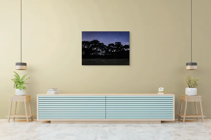 Tablou Canvas, "Cerul înstelat deasupra pădurii întunecate", Stele, Cer, Noapte, Copaci, Siluetă, Natură, Lumină, Cerneală, Mister, Liniște, 100 x 70 cm – poza 4