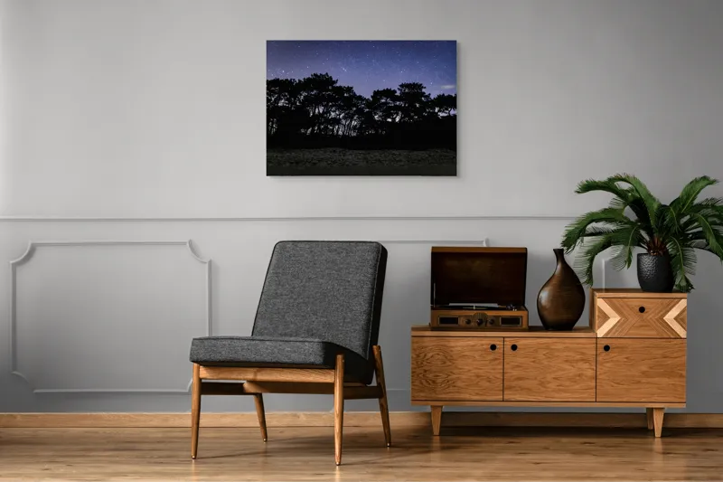 Tablou Canvas, "Cerul înstelat deasupra pădurii întunecate", Stele, Cer, Noapte, Copaci, Siluetă, Natură, Lumină, Cerneală, Mister, Liniște, 100 x 70 cm – poza 8