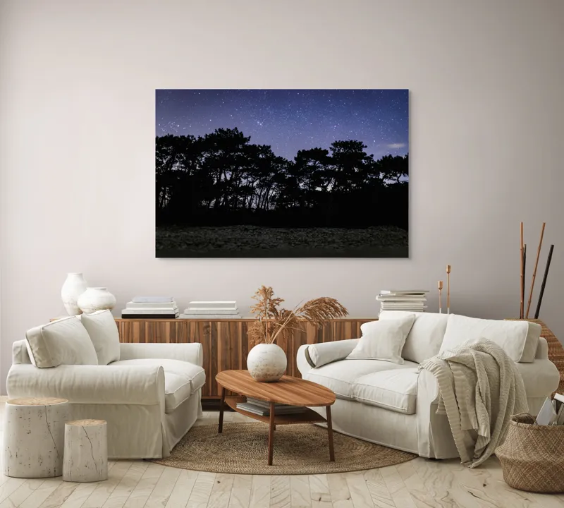 Tablou Canvas, "Cerul înstelat deasupra pădurii întunecate", Stele, Cer, Noapte, Copaci, Siluetă, Natură, Lumină, Cerneală, Mister, Liniște, 150 x 100 cm – poza 3