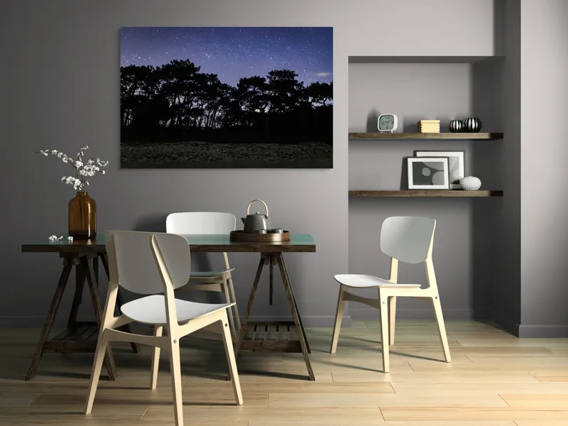 Tablou Canvas, "Cerul înstelat deasupra pădurii întunecate", Stele, Cer, Noapte, Copaci, Siluetă, Natură, Lumină, Cerneală, Mister, Liniște, 150 x 100 cm – poza 5