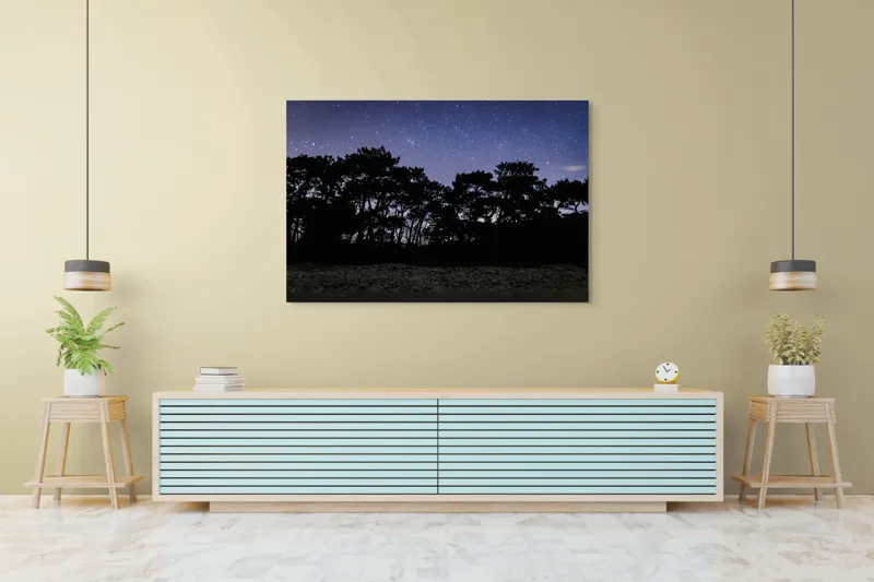 Tablou Canvas, "Cerul înstelat deasupra pădurii întunecate", Stele, Cer, Noapte, Copaci, Siluetă, Natură, Lumină, Cerneală, Mister, Liniște, 150 x 100 cm – poza 6