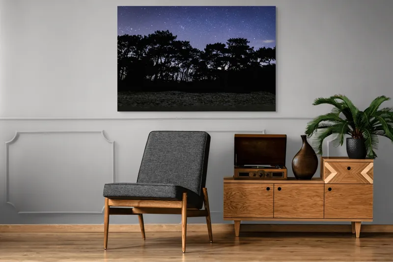 Tablou Canvas, "Cerul înstelat deasupra pădurii întunecate", Stele, Cer, Noapte, Copaci, Siluetă, Natură, Lumină, Cerneală, Mister, Liniște, 150 x 100 cm – poza 8
