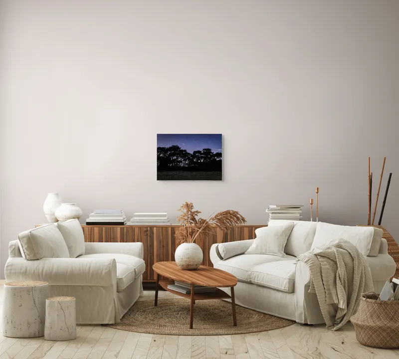 Tablou Canvas, "Cerul înstelat deasupra pădurii întunecate", Stele, Cer, Noapte, Copaci, Siluetă, Natură, Lumină, Cerneală, Mister, Liniște, 54 x 39 cm – poza 5