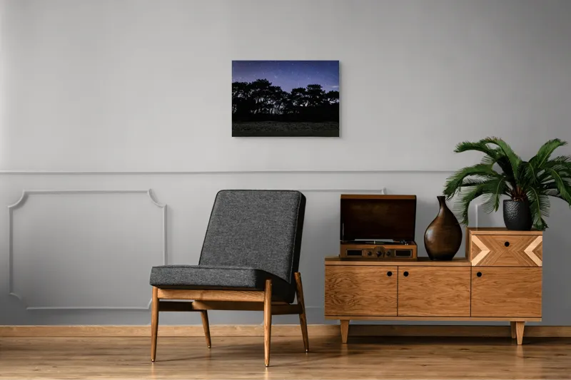 Tablou Canvas, "Cerul înstelat deasupra pădurii întunecate", Stele, Cer, Noapte, Copaci, Siluetă, Natură, Lumină, Cerneală, Mister, Liniște, 70 x 50 cm – poza 4