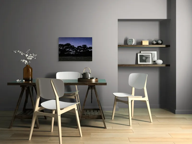 Tablou Canvas, "Cerul înstelat deasupra pădurii întunecate", Stele, Cer, Noapte, Copaci, Siluetă, Natură, Lumină, Cerneală, Mister, Liniște, 70 x 50 cm – poza 5