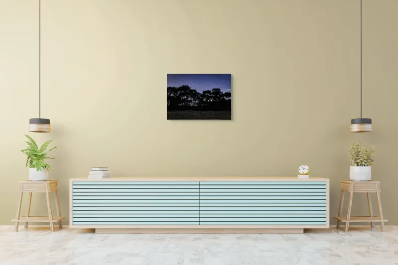 Tablou Canvas, "Cerul înstelat deasupra pădurii întunecate", Stele, Cer, Noapte, Copaci, Siluetă, Natură, Lumină, Cerneală, Mister, Liniște, 70 x 50 cm – poza 7