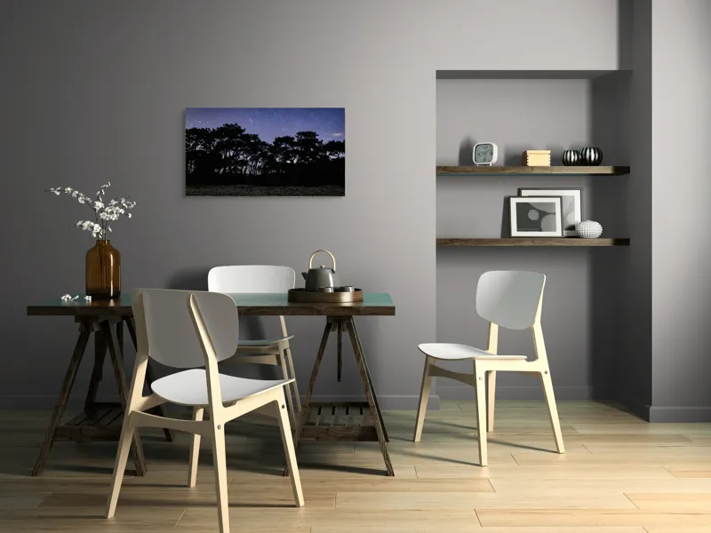 Tablou Canvas, "Cerul înstelat deasupra pădurii întunecate", Stele, Cer, Noapte, Copaci, Siluetă, Natură, Lumină, Cerneală, Mister, Liniște, 90 x 50 cm – poza 3