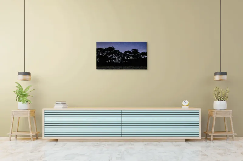 Tablou Canvas, "Cerul înstelat deasupra pădurii întunecate", Stele, Cer, Noapte, Copaci, Siluetă, Natură, Lumină, Cerneală, Mister, Liniște, 90 x 50 cm – poza 5
