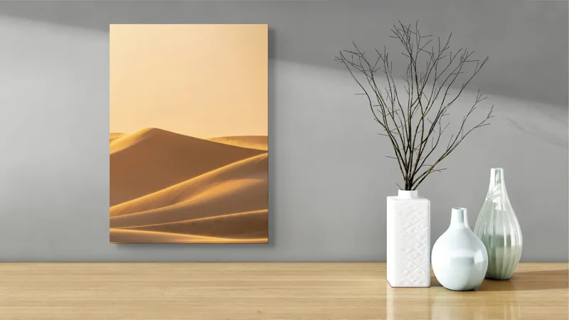 Tablou Canvas, "Dunele aurii sub soare arid", Aur, Valuri, Nisip, Serenitate, Imensitate, Calm, Dune, Lumină, 39 x 54 cm – poza 4