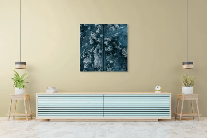 Tablou Canvas, "Cărare prin pădurea de iarnă", Cale, Înghețată, Arbori, Zăpadă, Rece, Natură, Pădure, Iarnă, Frig, Peisaj, Linia, Întunecat, Albastru, Contrast, Vedere., 100 x 100 cm – poza 5
