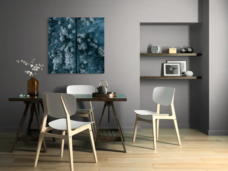Tablou Canvas, "Cărare prin pădurea de iarnă", Cale, Înghețată, Arbori, Zăpadă, Rece, Natură, Pădure, Iarnă, Frig, Peisaj, Linia, Întunecat, Albastru, Contrast, Vedere., 100 x 100 cm – poza 6