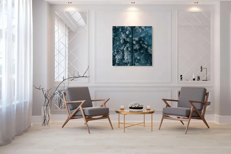 Tablou Canvas, "Cărare prin pădurea de iarnă", Cale, Înghețată, Arbori, Zăpadă, Rece, Natură, Pădure, Iarnă, Frig, Peisaj, Linia, Întunecat, Albastru, Contrast, Vedere., 100 x 100 cm – poza 7