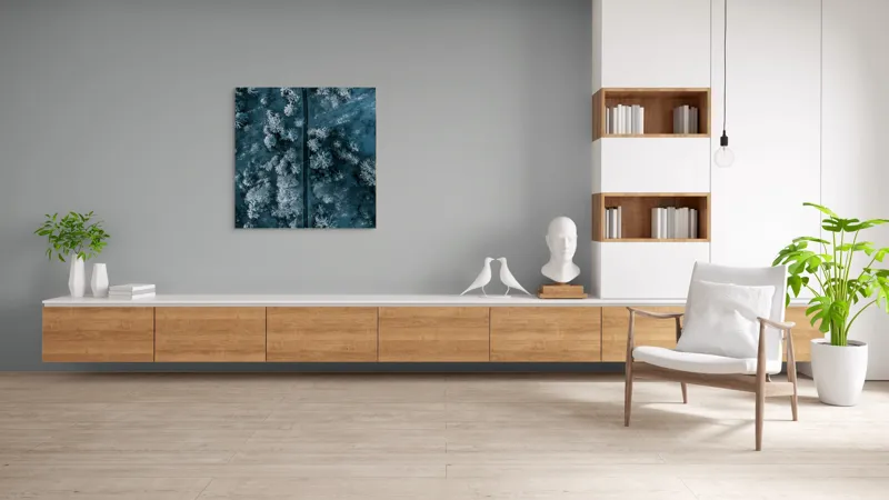 Tablou Canvas, "Cărare prin pădurea de iarnă", Cale, Înghețată, Arbori, Zăpadă, Rece, Natură, Pădure, Iarnă, Frig, Peisaj, Linia, Întunecat, Albastru, Contrast, Vedere., 100 x 100 cm – poza 8